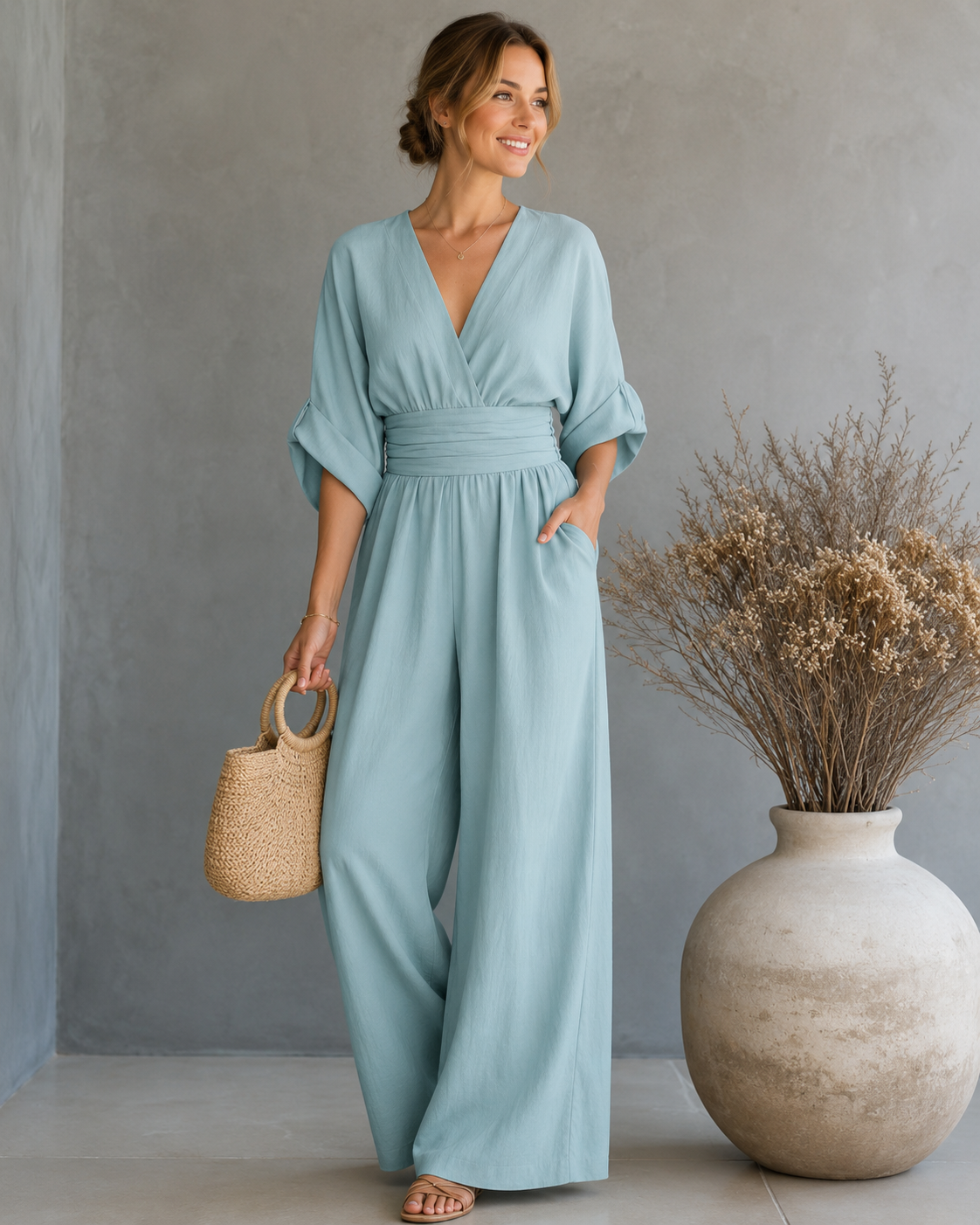 Women's V-Neck Wrap Wide Leg Jumpsuit – Cinched Waist Formal Occasion Jumpsuit