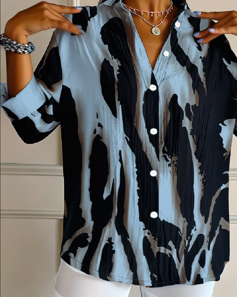 Women's Printed Stand Collar Blouse – Asymmetrical Long Sleeve Blouse