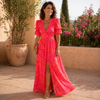 Women's Puff Sleeve Occasion Dress – V-Neck Maxi Dress