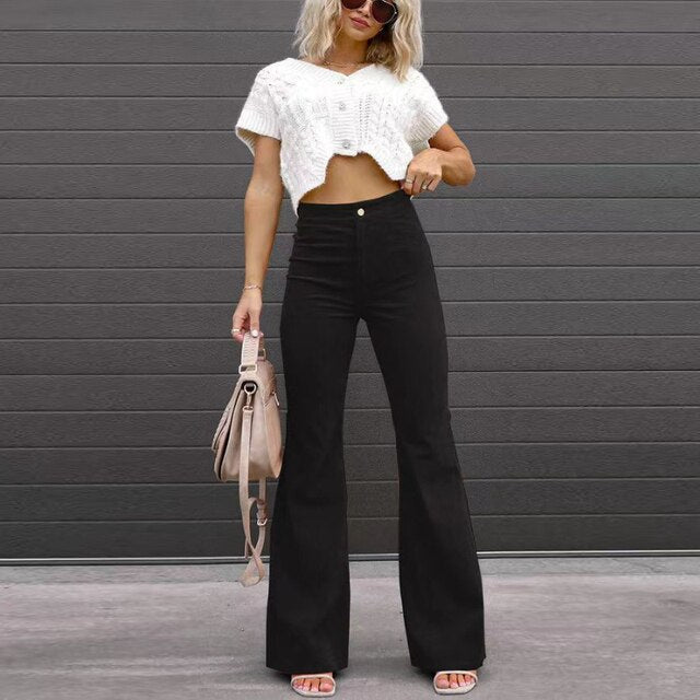 Women's Retro Flared High Waist Pants – Long Leg Casual Trousers
