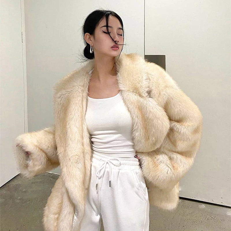 Women's Oversized Faux Fur Coat – Fluffy Winter Statement Jacket