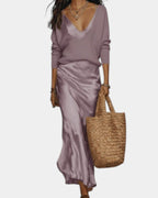 Women's Two-Piece Dress Set – Long Sleeve Blouse & Midi Skirt Set