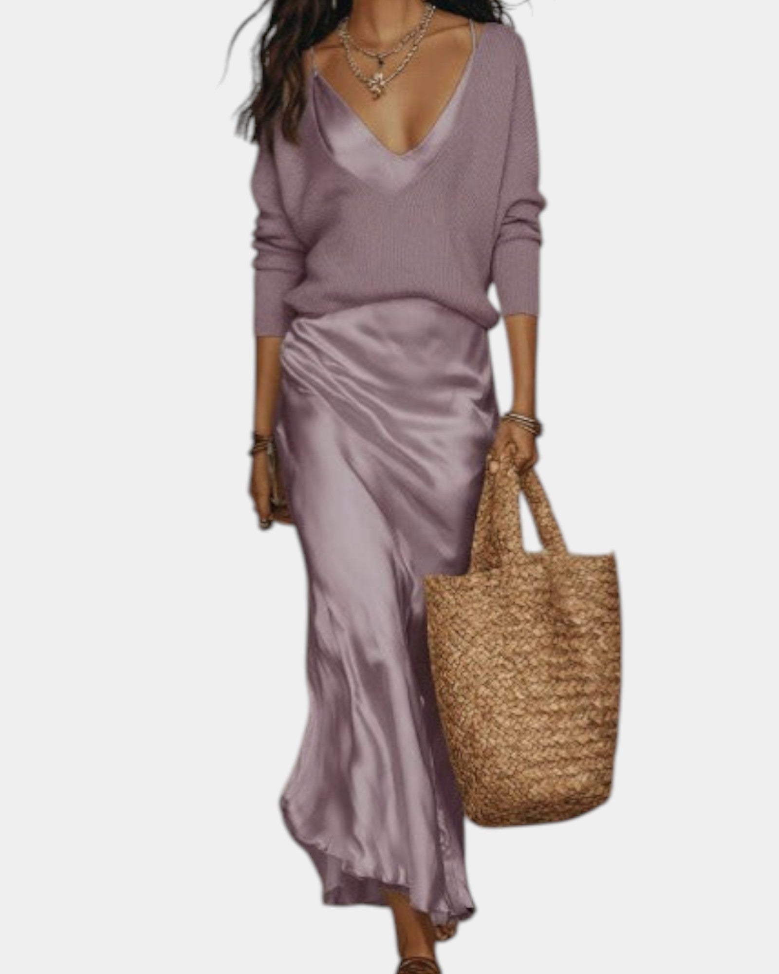Women's Two-Piece Dress Set – Long Sleeve Blouse & Midi Skirt Set