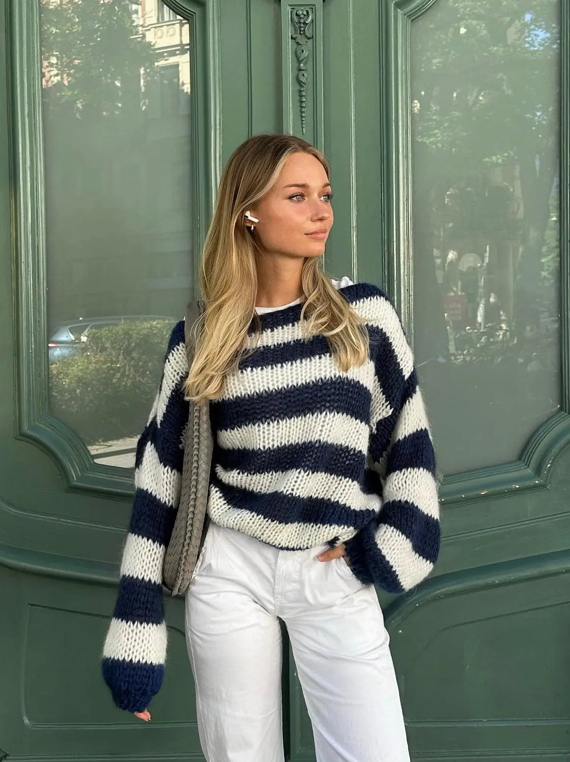Women's Nautical Stripe Sweater – Relaxed Wide Sleeve Knit Pullover