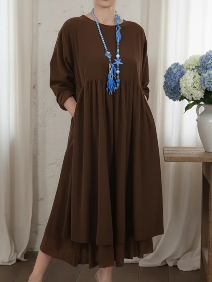 Women's Relaxed Long Sleeve Midi Dress – Casual Everyday Dress