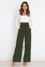 Women's Paperbag Waist Trousers – High Waist Bow Detail Wide Leg Pants