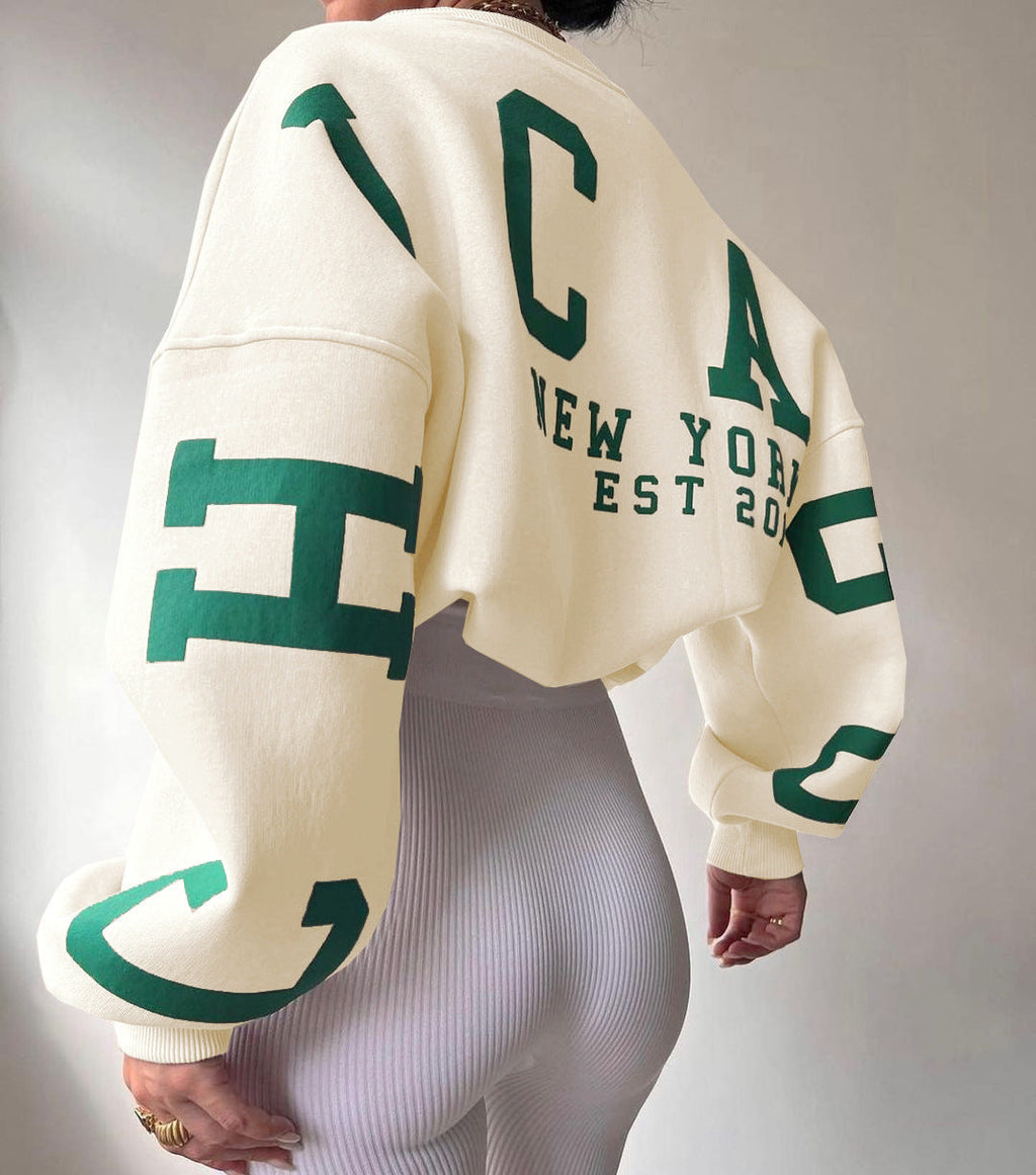 Women's Graphic Sleeve Sweater – Relaxed Crew Neck Pullover Sweater