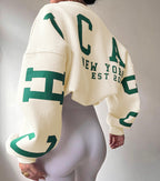 Women's Graphic Sleeve Sweater – Relaxed Crew Neck Pullover Sweater
