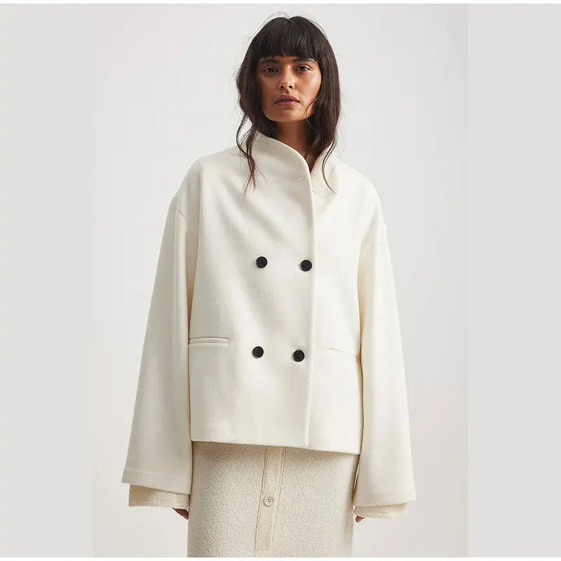 Women's Double-Breasted Winter Coat – Stand Collar Relaxed Coat