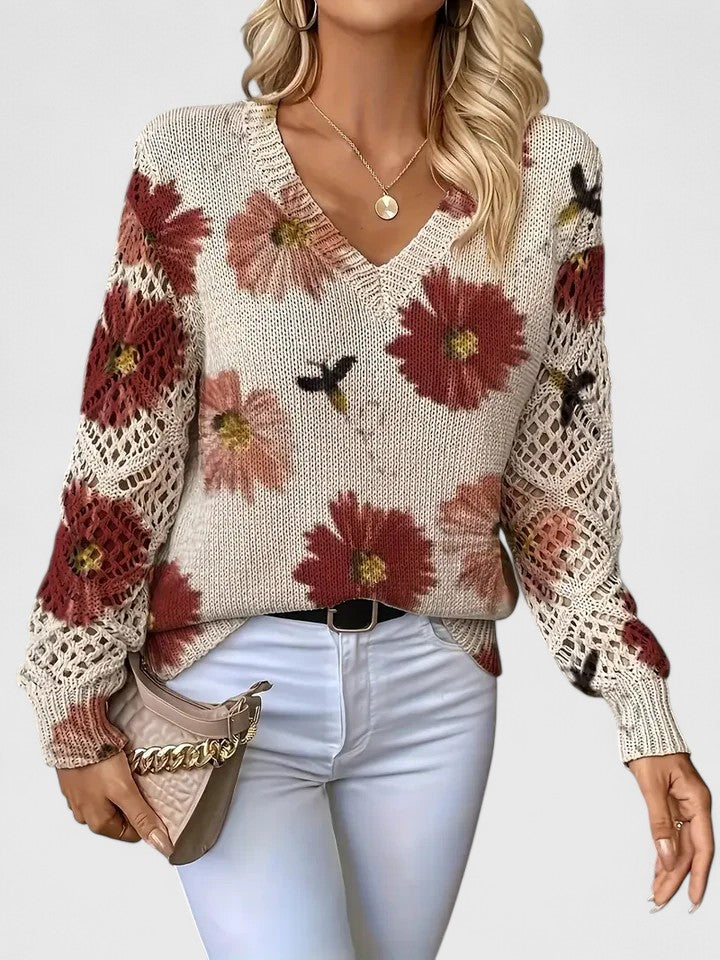 Women's Floral Button Cardigan – V-Neck Flower Pattern Knit Cardigan