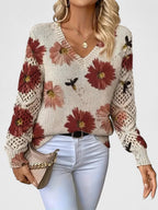 Women's Floral Button Cardigan – V-Neck Flower Pattern Knit Cardigan