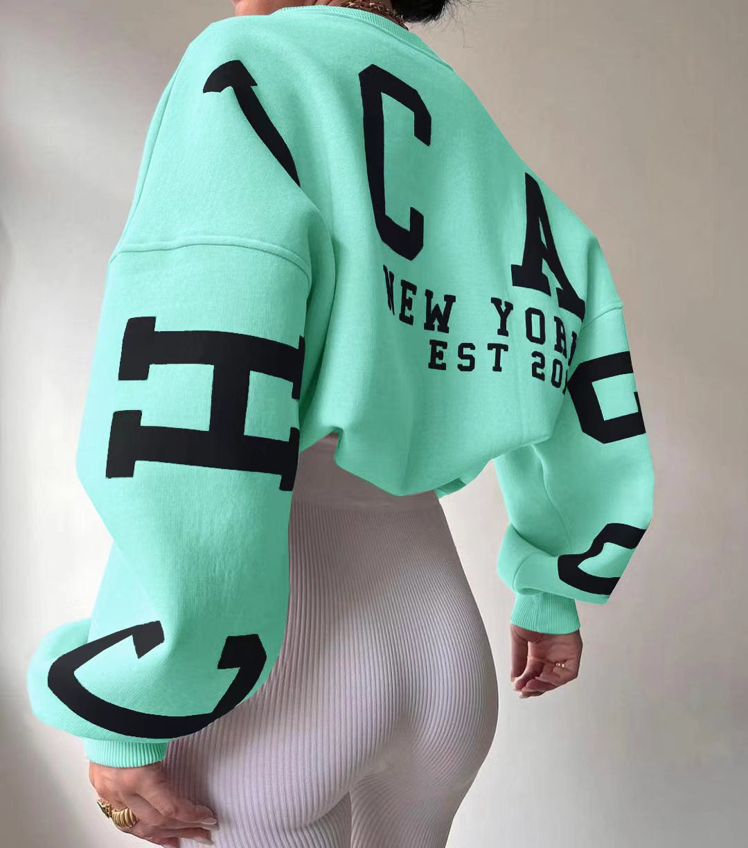 Women's Graphic Sleeve Sweater – Relaxed Crew Neck Pullover Sweater