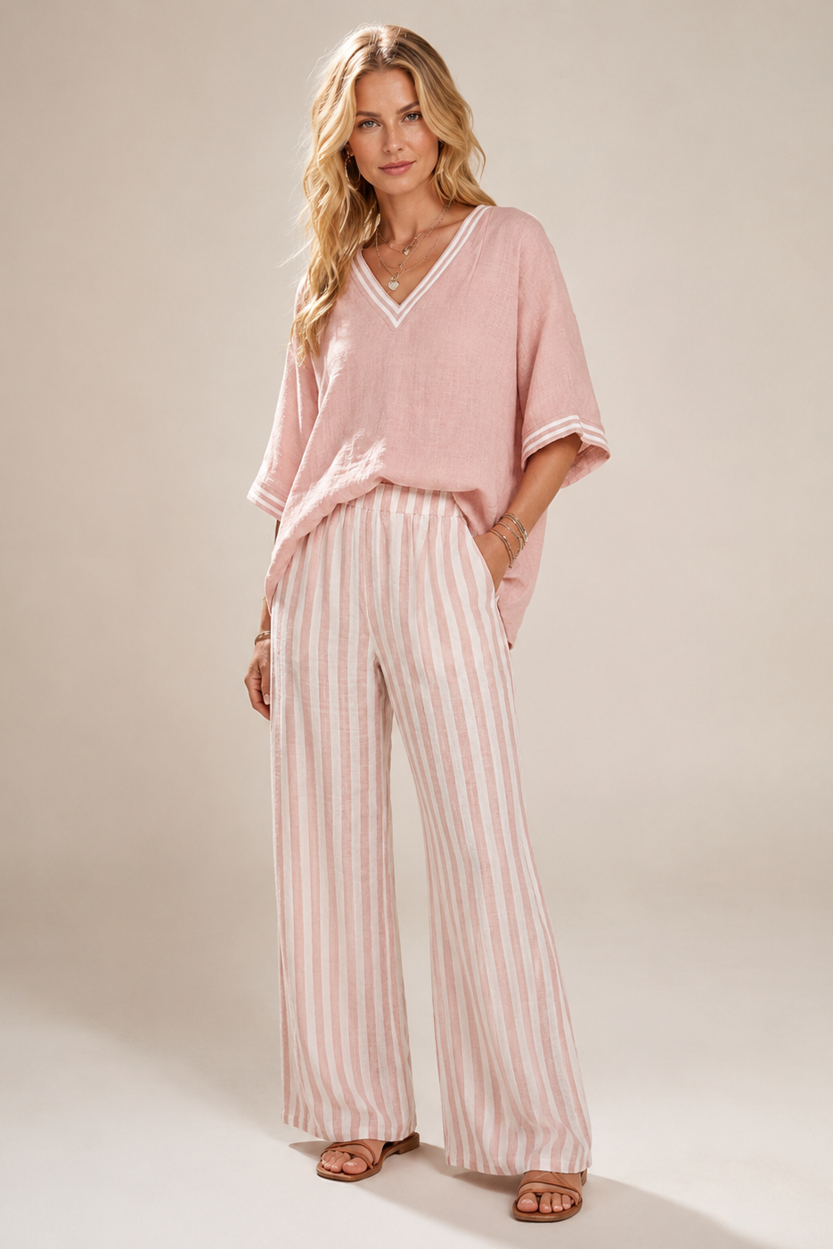 Women's Wide Leg Two-Piece Set – Striped Summer Set