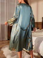 Women's Belted V-Neck Robe Dress – Long Sleeve Printed Wrap Dress