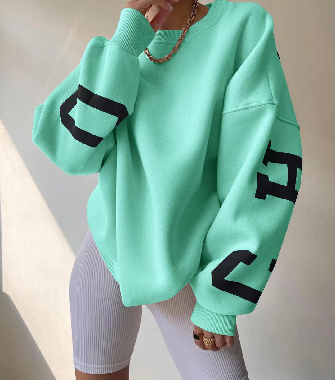 Women's Graphic Sleeve Sweater – Relaxed Crew Neck Pullover Sweater