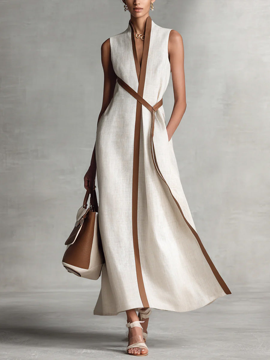 Women's Linen Blend Wrap Dress – Belted Maxi Dress