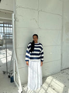 Women's Nautical Stripe Sweater – Relaxed Wide Sleeve Knit Pullover