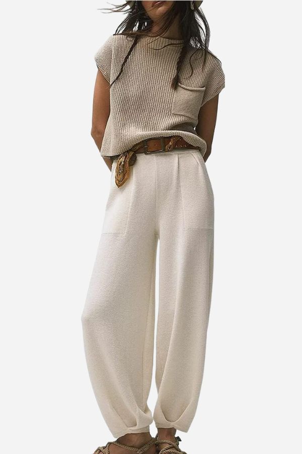 Women's Short Sleeve Pants Set – Crew Neck Top & High Waist Trouser Set