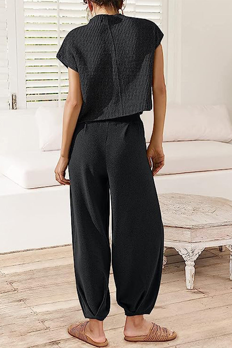 Women's Short Sleeve Pants Set – Crew Neck Top & High Waist Trouser Set