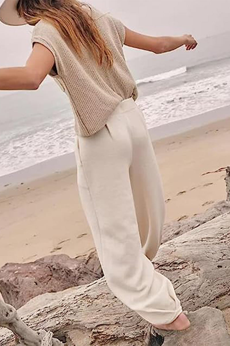 Women's Short Sleeve Pants Set – Crew Neck Top & High Waist Trouser Set