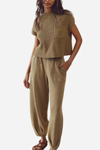Women's Short Sleeve Pants Set – Crew Neck Top & High Waist Trouser Set