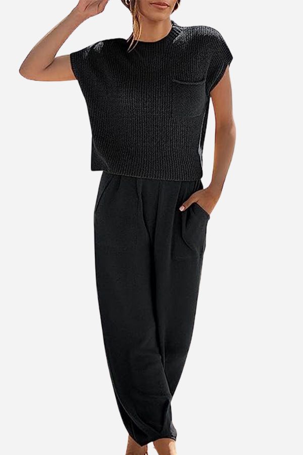 Women's Short Sleeve Pants Set – Crew Neck Top & High Waist Trouser Set
