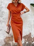 Women's V-Neck Wrap Midi Dress – Side Cutout Cocktail Occasion Dress