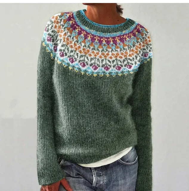 Women's Norwegian Pattern Sweater – Nordic Crew Neck Long Sleeve Pullover