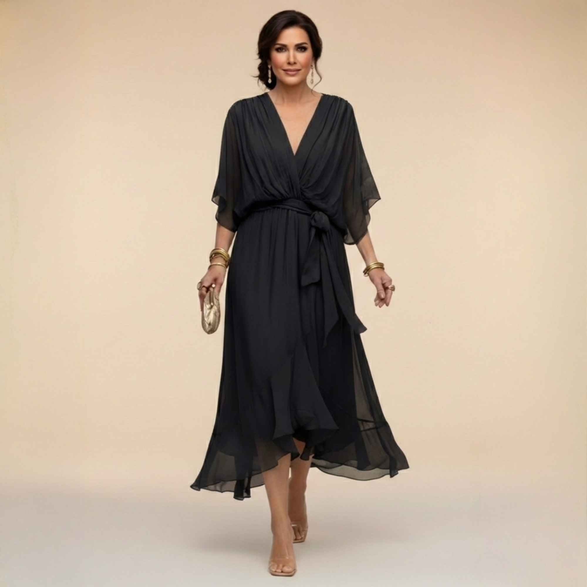 Women's V-Neck Chiffon Dress – Flowy Long Sleeve Occasion Dress