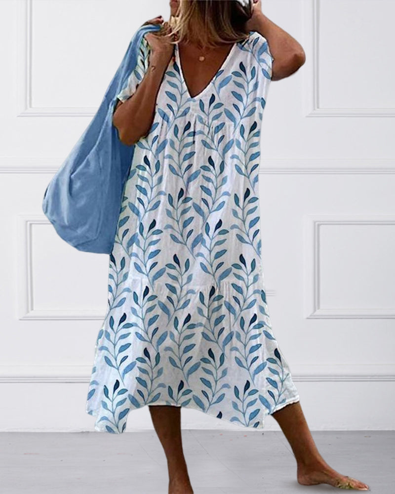Women's Printed Midi Dress – Leaf Print Summer Dress – Serphine