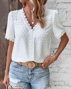 Women's Lace V-Neck Blouse – Short Sleeve Lace Detail Blouse