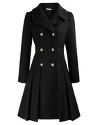 Women's Pleated Long Coat – Tailored Button Front Winter Coat