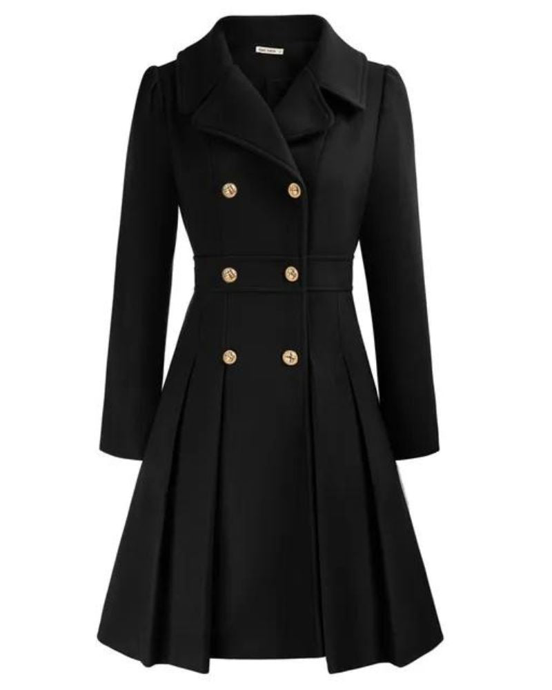 Women's Pleated Long Coat – Tailored Button Front Winter Coat