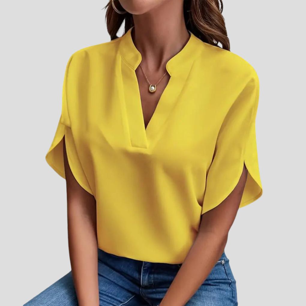Women's Stand Collar Blouse – Short Sleeve V-Neck Summer Blouse