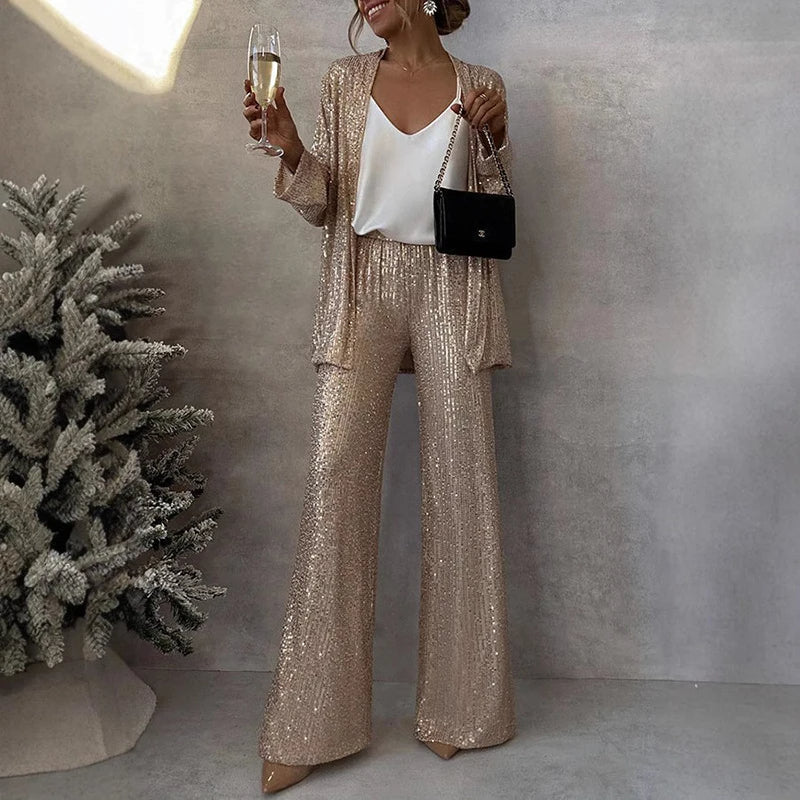 Women's Sequin Pants Set – Fitted Top High Waist Party Set