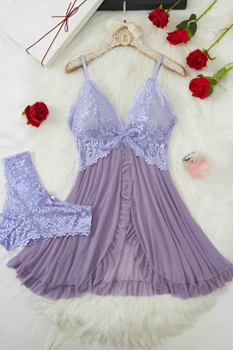 Women's Deep V-Neck Lace Lingerie Set – Sheer Bra & Matching Brief Set
