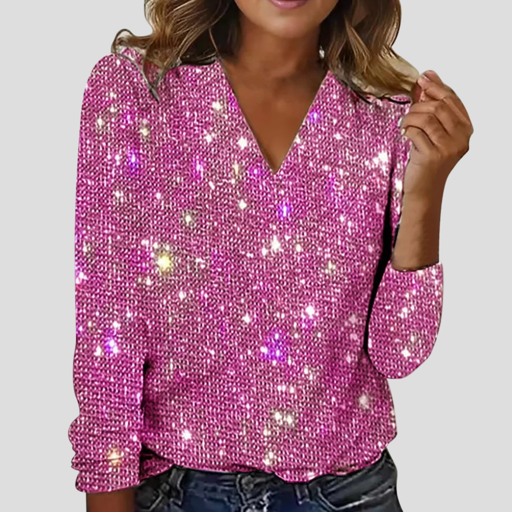 Women's Sequin V-Neck Blouse – Long Sleeve Sparkle Party Blouse