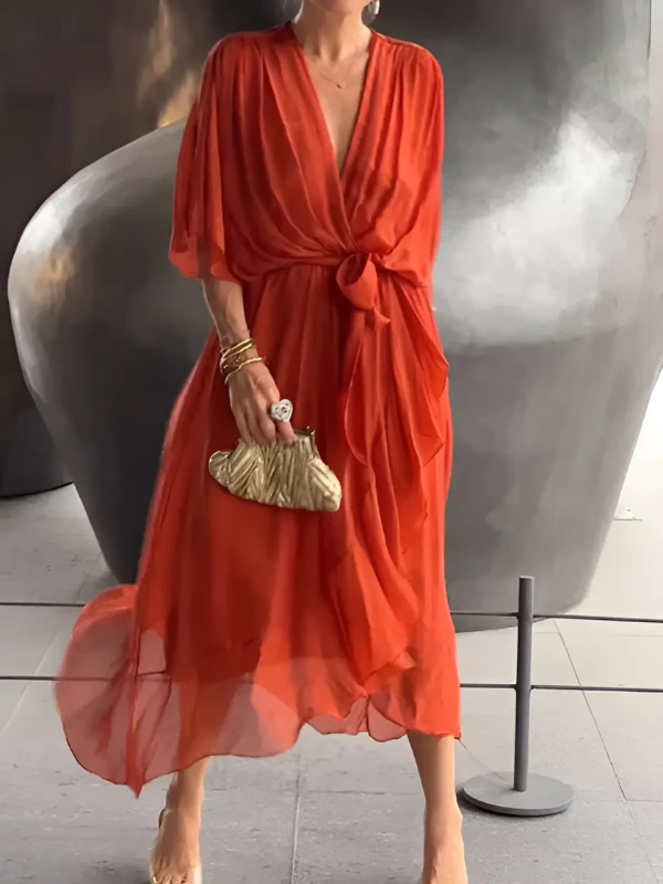 Women's Wrap Midi Dress – Adjustable Tie Waist Dress – Autumn
