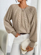 Women's Puff Sleeve Cable Sweater – Crew Neck Knit Jumper