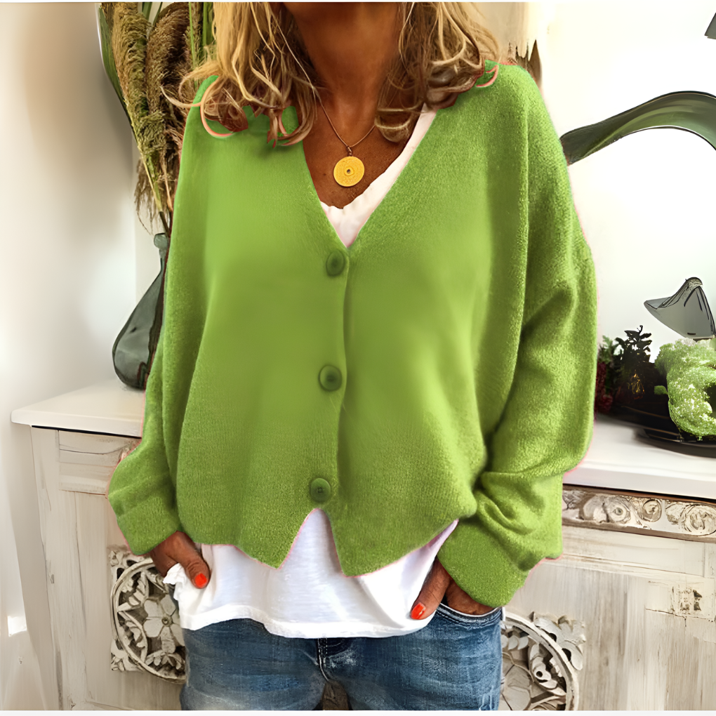Women's V-Neck Button Cardigan – Relaxed Long Sleeve Knit Cardigan