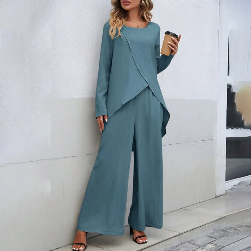 Women's Asymmetrical Pants Set – Draped Top Wide Leg Co-Ord Set