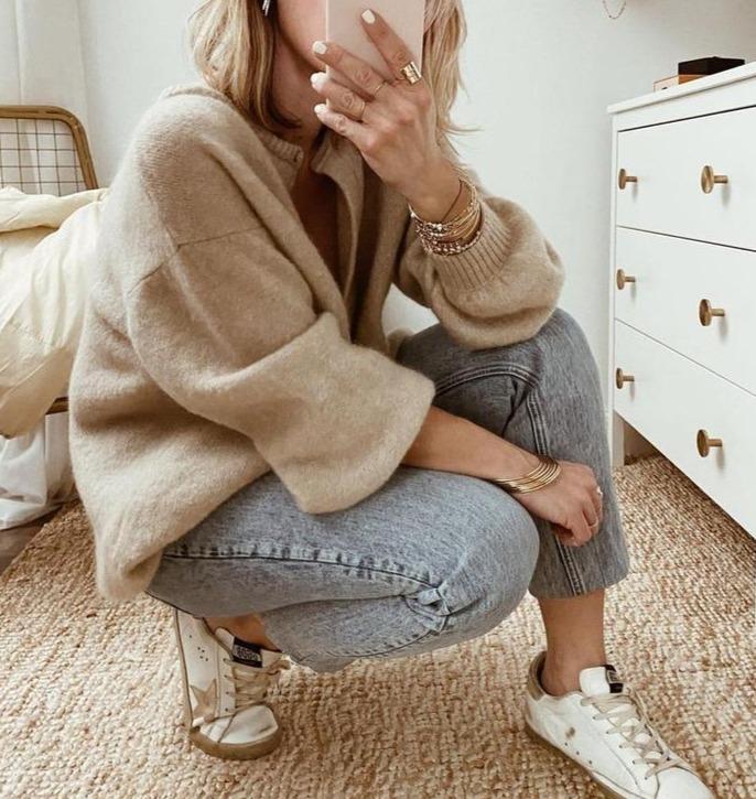 Women's Ribbed Neck Cardigan – Oversized Statement Sleeve Cardigan