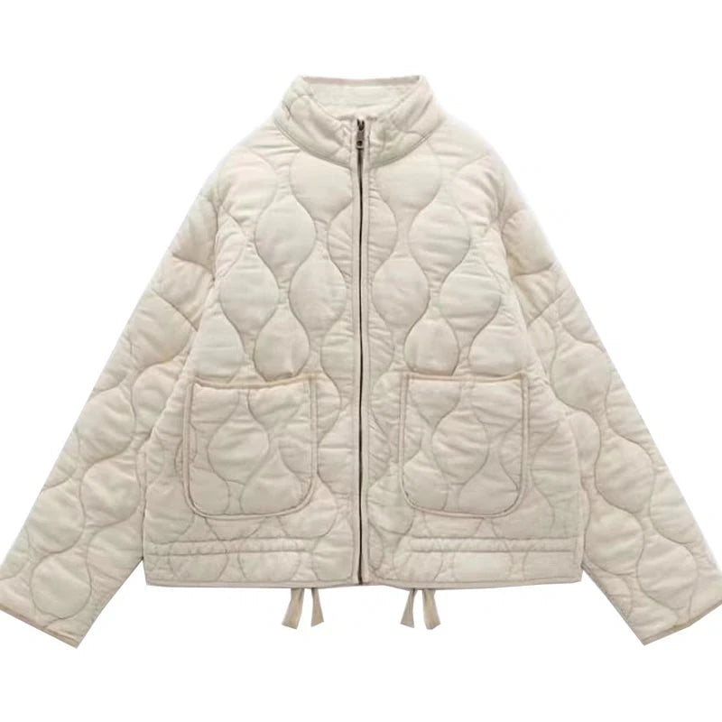 Women's Vintage Winter Jacket – Drawstring Pocket Zip-Up Jacket