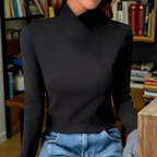Women's Stand Collar Top – Minimalist Long Sleeve Fitted Top