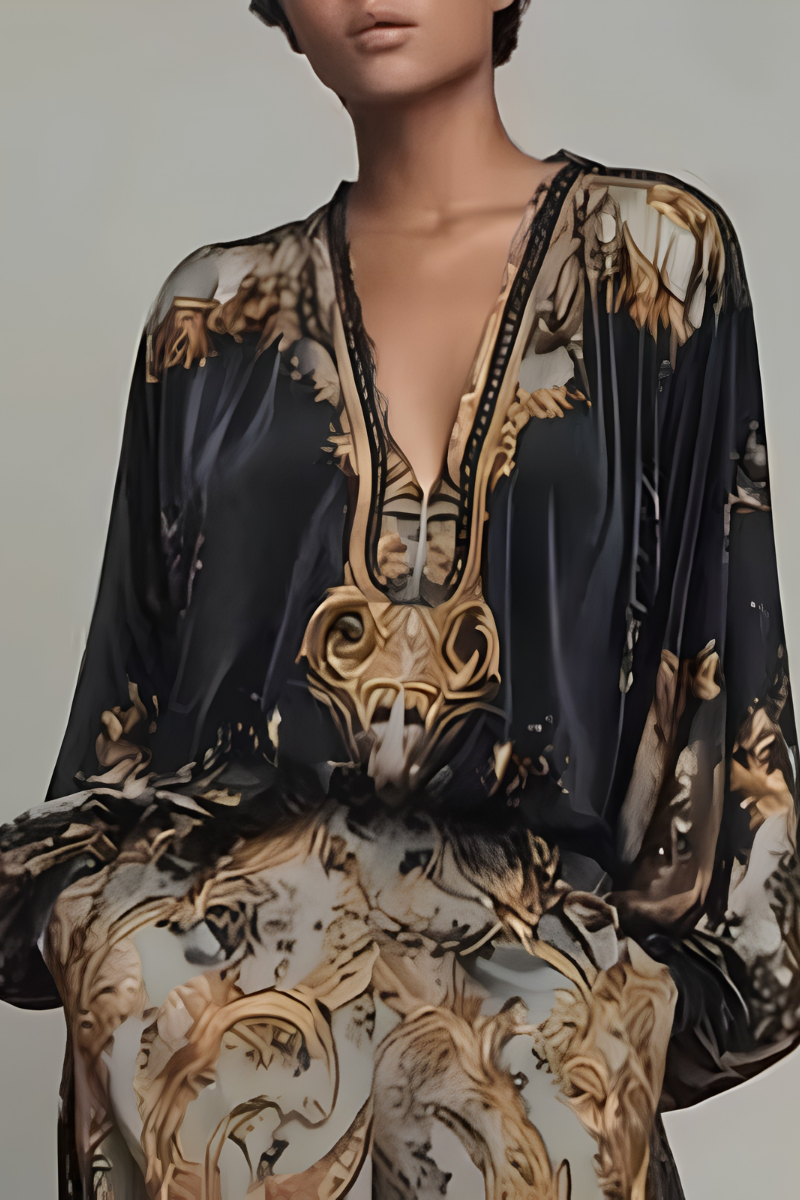 Women's Long Sleeve Printed Jumpsuit – Baroque Pattern Flowy Wide Leg Jumpsuit