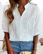 Women's Puff Sleeve V-Neck Blouse – Relaxed Long Sleeve Blouse