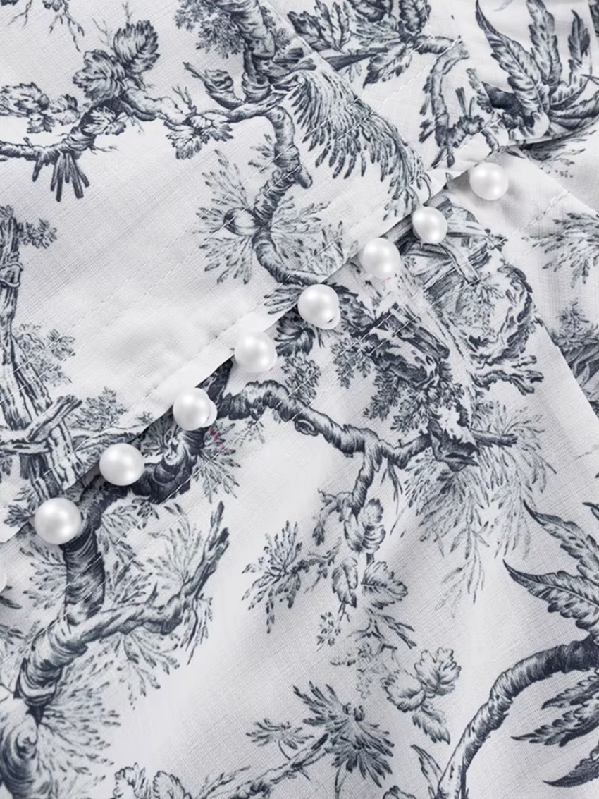 Women's Toile Print Mini Dress – A-Line Belted Balloon Sleeve Dress