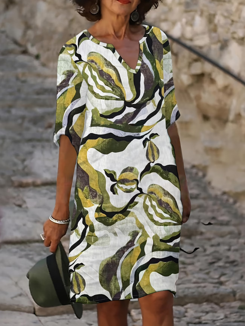 Women's Printed Summer Dress – V-Neck Three-Quarter Sleeve Dress