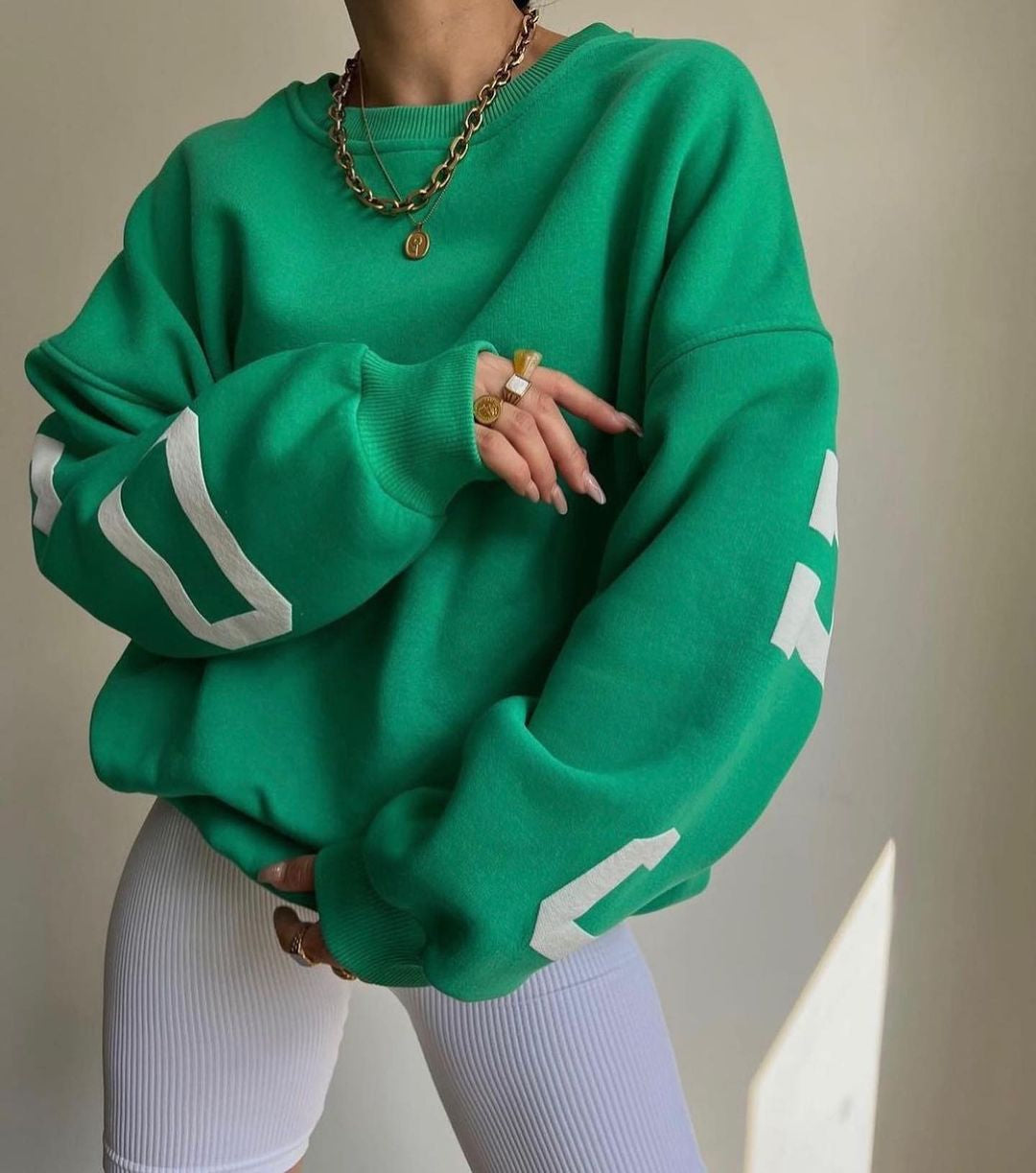 Women's Graphic Sleeve Sweater – Relaxed Crew Neck Pullover Sweater