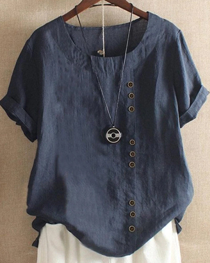 Women's Casual Blouse with Rolled Sleeves and Front Buttons